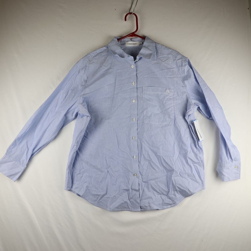 Calvin Klein Shirt Mens Large Blue White Striped Button Down Woven Top Pocket